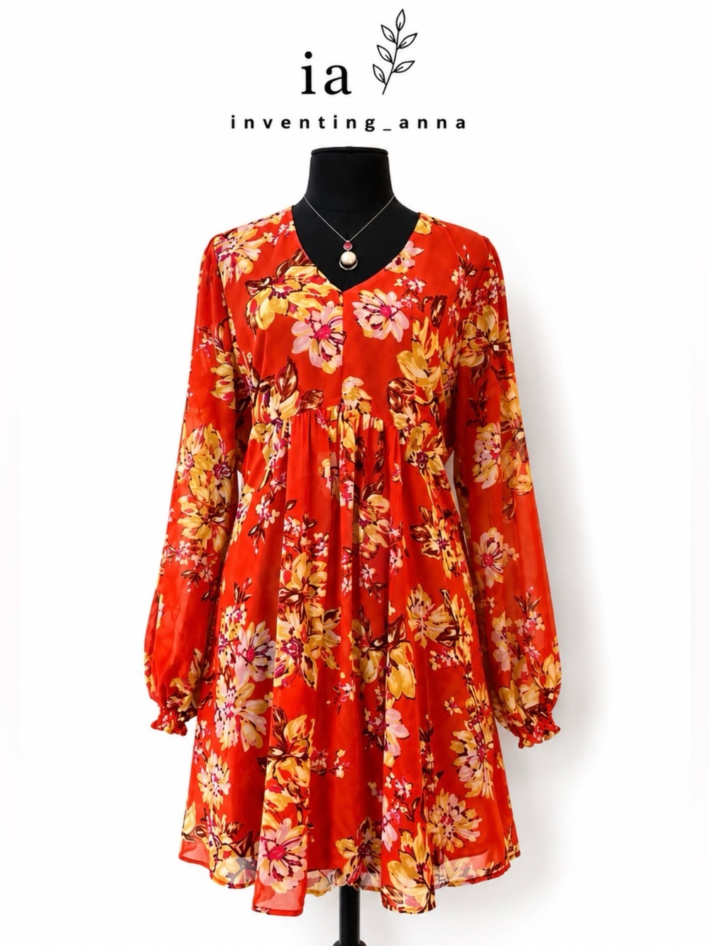Red/Gold/Yellow Loose Fit Dress w/Sheer Sleeves and Floral Design Fully Lined